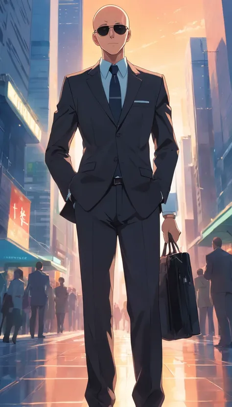 man,bald tall slim sexy in elegant black suit with black sunglasses