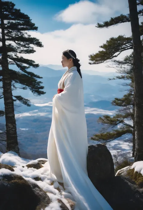 Princess Kikuri Hakuyama, a goddess standing in the sky above Mt. Hakusan that has become white with snow。Princess Kikuris background is a cloudless blue sky。