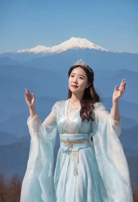 Princess Kikuri Hakuyama, a goddess standing in the sky above Mt. Hakusan that has become white with snow。Princess Kikuris background is a cloudless blue sky。