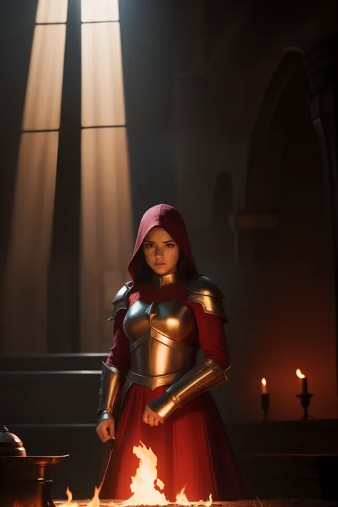 ultra realistic illustration, hyperrealistic, [Modernist], (8k), (sharp focus), crepuscular rays, cinematic lighting, warrior of zamorak, woman in red armor, dark flamelit room, fire, big flames, cobblestone walls, dungeon