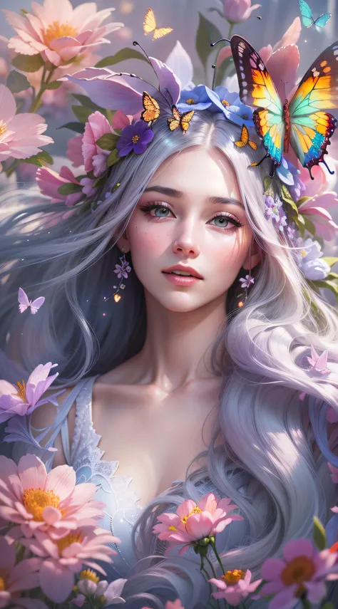 best quality,ultra-detailed,realistic, vivid colors, studio lighting, HDR, 8k, masterpiece:1.2, long luscious rainbow-colored hair, shining silver horn, gentle and serene expression, mesmerizing purple eyes, elegant and graceful posture, beautiful butterfl...