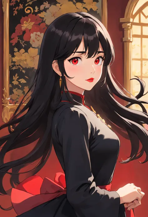 1 girl, Royal Sister Style, Black Long Hair, Black Dress, black pupils, Beautiful face, Red lips, High-end feeling, noble