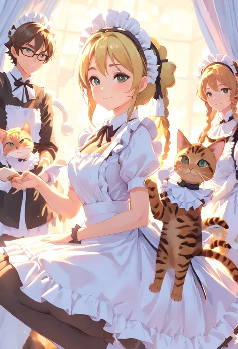 Beautuful Women, (elf queen:1.4) Sit on the throne,(Cat Maid Clothes:1.8) , Perfect face, Full body, Victorian Age, Royal Dresses, complicated decoration, spelling, Talking, Smiling, arms behind back, soft rim light, Beautiful detailed sky, masutepiece, 超A...