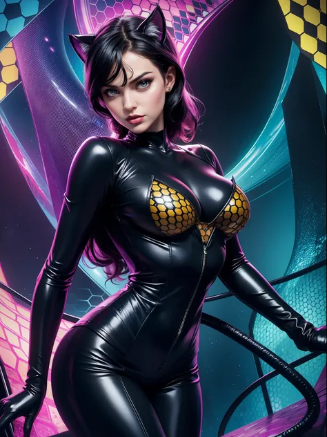 Catwoman from DC Comics, Masterpiece, Best quality, abstracted, Psychedelic, neonlight, (honeycomb pattern), (Creative:1.3), Sy3, SMM, Fantasy00d