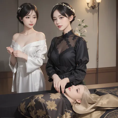 ((Best Quality))), (8K picture quality), ((Masterpiece)), (Very sophisticated、Beautiful fece), (wearing dresses) , (1womanl), (black-short-hair), Dress up, with floral pattern, Soft silk fabric, 电影灯光, Gentle facial expressions, (A slight smil:1.3), ((light...