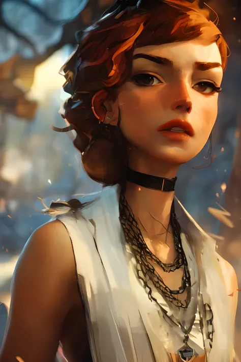 closeup, samdoesarts style, beautiful girl, wearing a pendant, nice hair, cinematic, cinematic background by jeremy mann, by sandra chevrier, by dave mckean and richard avedon and maciej kuciara, highly detailed, 8k