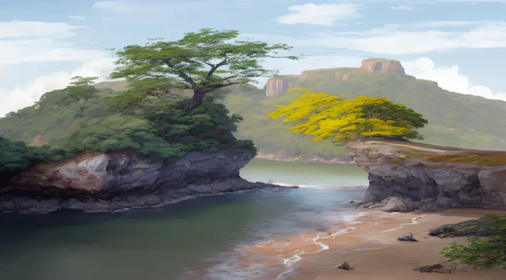 There is a painting of a tree on a cliff at the waters edge, detailed trees and cliffs, pintura digital, Pintura Digital de Alto Detalhe, pintura digital detalhada, pintura digital, pintura digital muito detalhada, Pintura digital  4K HD, pintura de ambien...