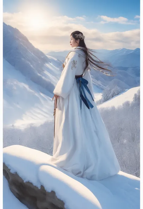 Kikurihime Hakusan, Goddess standing on snowy white mountain。Kikurihimes background is a cloudless blue sky。