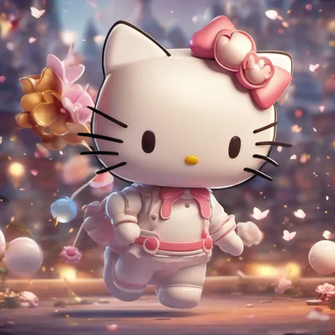 Cute little white surreal anime Hello Kitty, tchibi, adorable and fluffy, Logo design, Cartoon, movie light effect, Charming, 3D vector art, Cute and quirky, Fantasy art, Bokeh, Hand-drawn, Digital painting, Soft lighting, Isometric style, 4K 分辨率, Photorea...