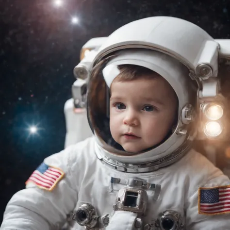 little boy astronaut, dressed as an astronaut in space