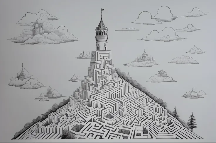 Drawing of a castle in the middle of a labyrinth with a clock tower, Thomas Veyrat intrincado, inspirado em M. C. Escher, inspirado em M.C. Escher, intricate 3 d illustration, surreal + altamente detalhado, pintura realista de um complexo, inspirado em MC ...