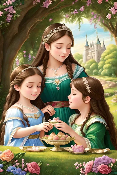 cartoon style (high resolution: 1.2),Happy moment, medieval mother and daughters, go shopping at village market, cheer, bunnies and duck, beautiful detailed eyes, lush green garden, long flowing hair, traditional medieval clothes, castle in the background,...