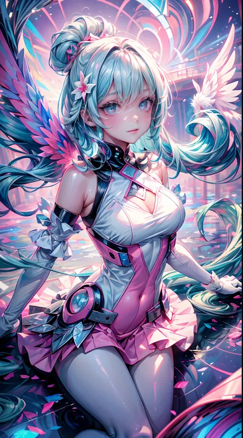 masterpiece, {beauty},solo,1 girl, pink dress, fantastic hair, neon background white wings, cloud background, lake blue hair