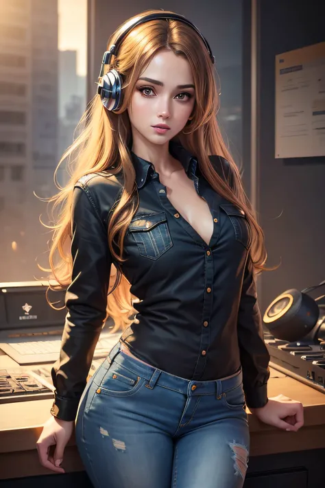 (best quality,8k,realistic),detailed illustration,beautiful girl,detailed eyes,long hair slightly brown,beautiful lips,jeans,black and yellow blouse,good posture,deejay,headphone,3 images in different poses.