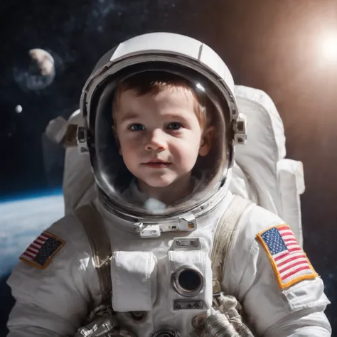 little boy astronaut, dressed as an astronaut in space，upper body