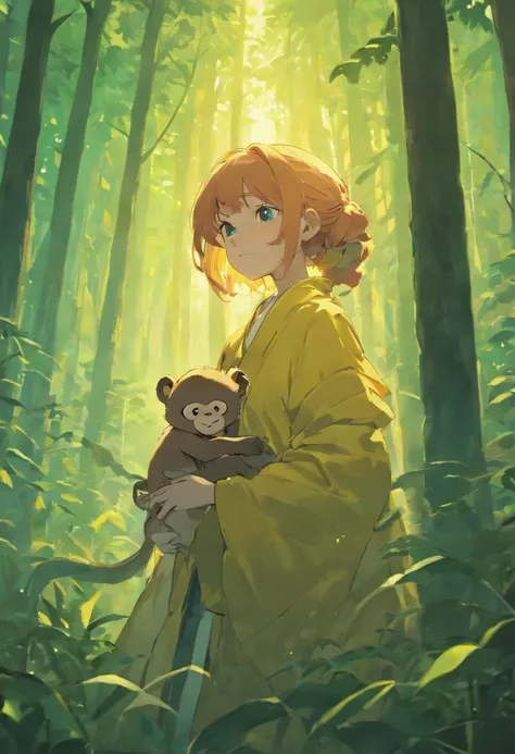 A woman with a monkey in a forest at sunset