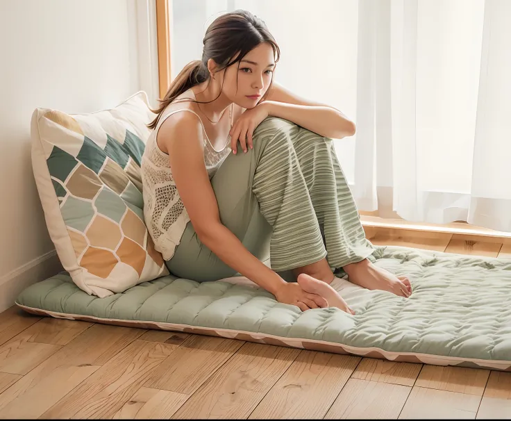 Woman sitting on mattress in room with window, sitting on a bed, designed for cozy aesthetics!, relaxed poses, relaxed mood, In the chill position, lyin in bed, Sitting on the bed, sitting on the edge of a bed, sitting in bedroom, Relaxing, lyin in bed, si...