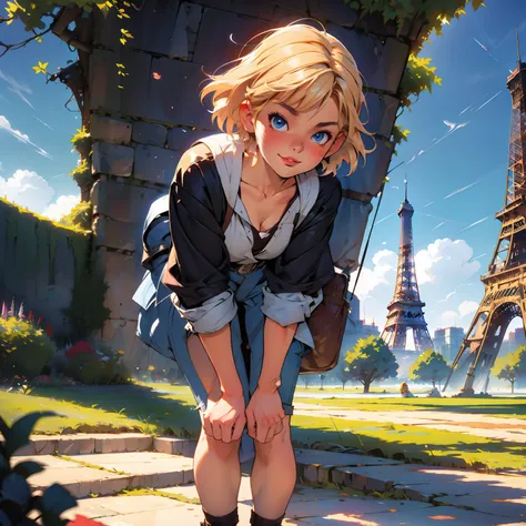 masterpiece, digital paint, (cute girl, 20 years old, blond short hair ), at the top of eiffel tower in paris by jim lee. 1990s ...