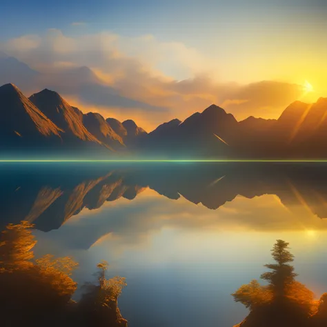 the sun is setting over a calm lake, a matte painting by Daren Bader, shutterstock contest winner, naturalism, high dynamic range, deviantart, anamorphic lens flare