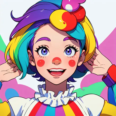 Adorable clown girl, short rainbow hair, white painted face, cheerful face, colorful clothes, colorful background