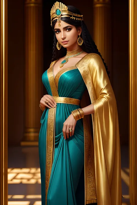 Cleopatra 7, Greek style, Magnificent colors, Detailed and realistic portrayal, Superb Painting, A high resolution:1.2, Photorealistic:1.37, ancient egypt background, golden jewelery, captivating green eyes, Charming delicate lips, Exquisite facial feature...