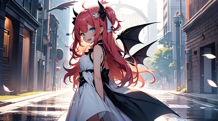 1girl in, Virtual Youtuber, Hair Ornament, Long hair, Solo, Wings, crescent-shaped hair ornament, Red Eyes, Red hair, Heterochromia, Horns, flower, Dress, Demon Wings, diadems, two side up, Open mouth, Smile, shoes, Crescent, Demon Girl, demon tail, Full b...