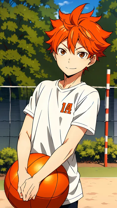 high res, masterpiece, shouyou hinata , orange hair, solo, 1boy, male, volleyball court, outside,blue sky, woods, , detailed eye...