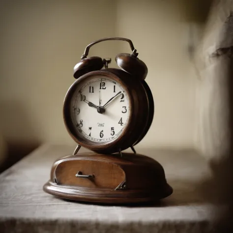 Create an old alarm clock, analogue, bem bonito, marcando 25 minutos encima de um criado mudo desbotado, fundo desfocado