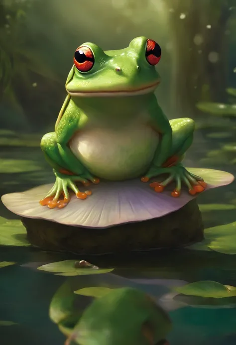 Anime girl disguised as a frog on top of a nenufar