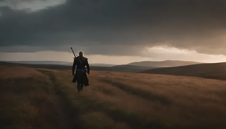 Arafard stood on the dead man in the field with a sword, One inspired by Solarin. Þorláksson, reddit, dau-al-set, from witcher (2021), the rider carries a large sword, fantasy movie still, with large sword, felix englund style