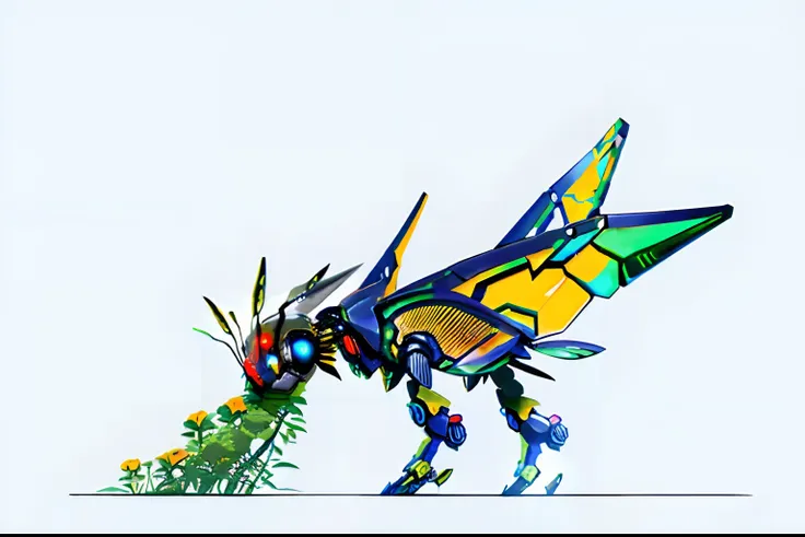 anime robotic mixed with organic, Full of insect robots, Lots of mecha flowers, Biopunk Cyborg Wasp, Space Insect Android, mecha animal, insectoid, beautiful robot character design, vegetal dragon cyborg, friendly humanoid insect robot, yoshitaka amano oct...