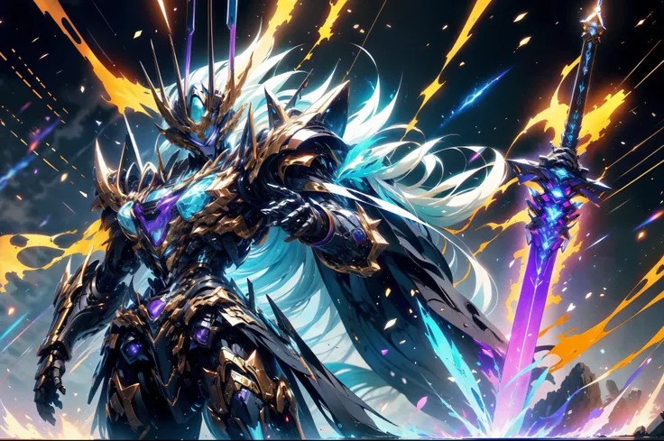 （The character is on the left），super wide shot, Close-up of the frontal photo itself,Mecha male warrior close-up，Future warrior style《Mech color: The main color is purple，blue colors》，（《Refer to the Chinese Qin Emperor Sword》，Holding the Qin Huang sword in...