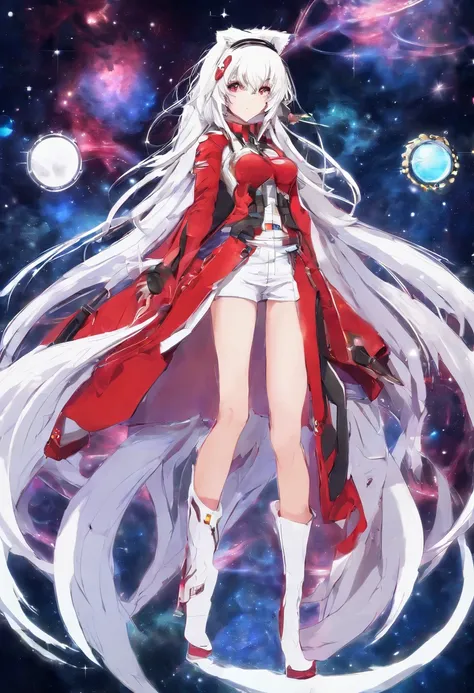 1girl in, (shapely body), (Solo),20yr old, Long ,white  hair,Looking at the camera,Red dress,Red cable,Red plug,cyberpunked,Is Gochuumon a rabbit？