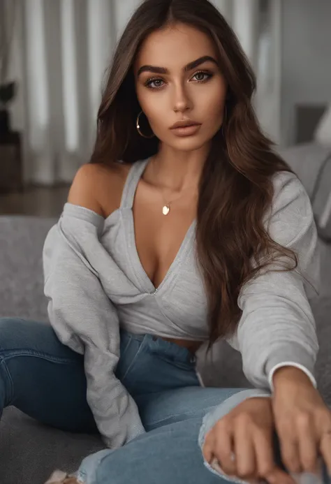 arafat woman in matching streetwear, sexy girl with brown eyes, portrait Sophie Mudd, brown hair and big eyes, young woman selfie, bedroom eyes, purple myers, no makeup, natural makeup, looking directly into the camera, face with artgram, subtle makeup, st...