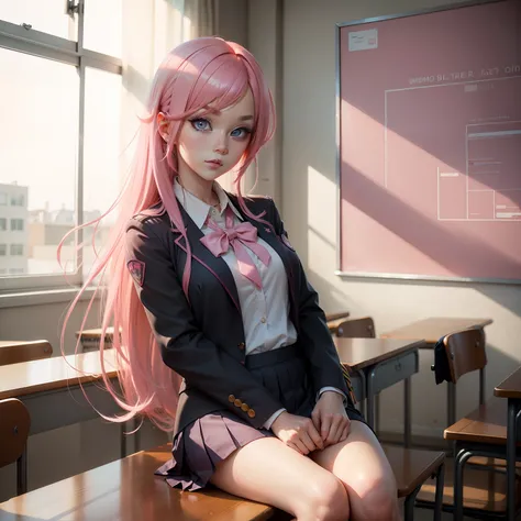 Pink haired anime girl with ember eyes in school uniform