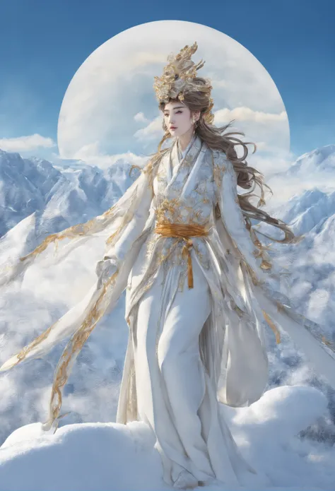 Kikurihime Hakusan, Goddess standing on snowy Hakusan mountain. Kikurihimes background is a cloudless blue sky。