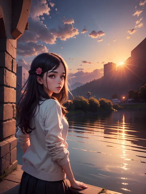 Illustration of a mystical girl, looking at sunset, romantic in a beautiful place, realista, alto  detalhes, Ultra resolution, 32k. --auto --s2