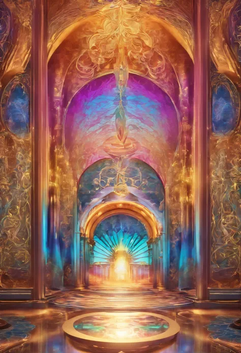 Virtual Scene Design, Rainbow Gradient Galvanized Fiberglass,Surreal visual representation,majestic architecture,Unique,Convoluted,exquisitedetails,(blender,OC rendering,Natural light,Gods Ray Trace,8K),The Glory of God,The Glory of God,celestial realm,Hea...