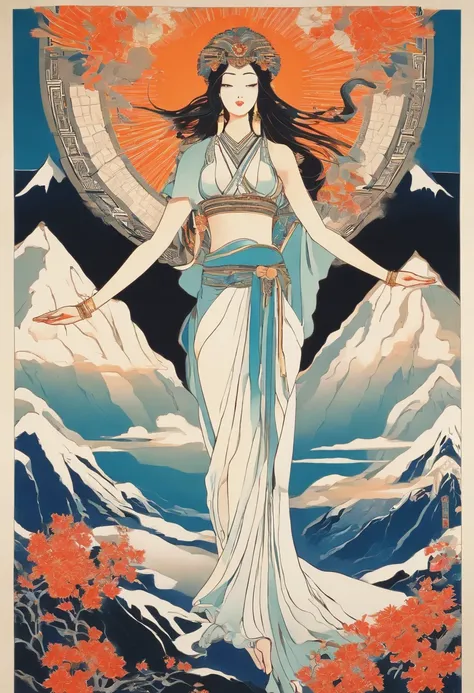 Kikurihime Hakusan, Goddess standing on snowy Hakusan mountain. Kikurihimes background is a cloudless blue sky。