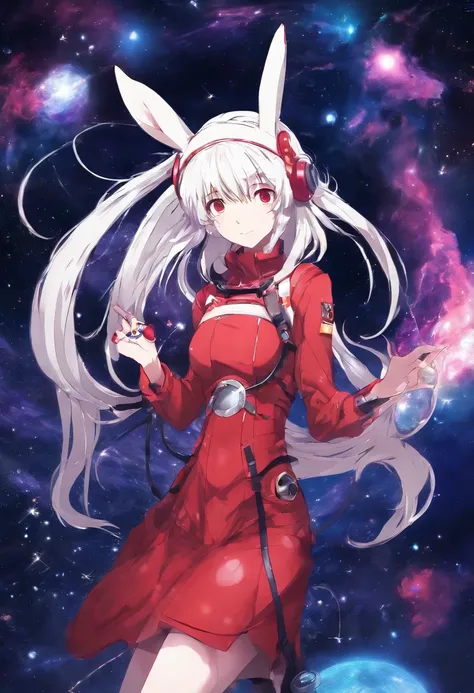 1girl in, (shapely body), (Solo),20yr old, Long ,white  hair,Looking at the camera,Red dress,Red cable,Red plug,cyberpunked,Is Gochuumon a rabbit？