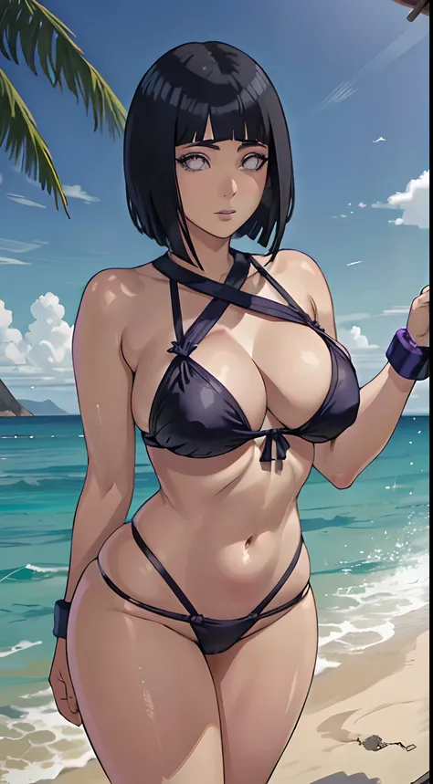 (best quality:1.3), hinata hyuga, peituda, clivagem, (biquini tanga), sedutora, sexy, body curvy, bunda grande, peitos grandes ,((cabelo solto)),((pov: de frente)), ((na praia))