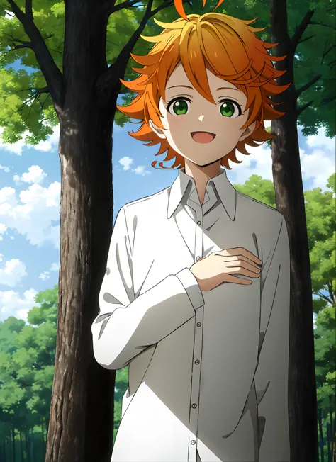 promisedneverland masterpiece, best quality, 1girl, shirt, green eyes, solo, forest, white shirt, number tattoo, nature, short h...