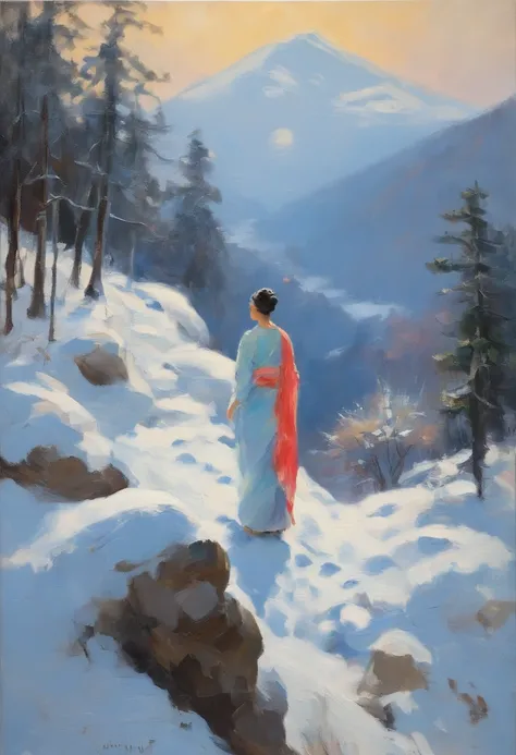 Kikurihime Hakusan, Goddess standing on snowy Hakusan mountain. Kikurihimes background is a cloudless blue sky。