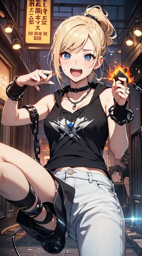 top-quality、Top image quality、​masterpiece、girl with((18year old、tatteredclothing、Black tank top、Black short-sleeved hoodie、White pants、Best Bust、Bust 85、a blond、disheveled ponytail、Blue Eyes、open chest wide、Happiness、Sweating、Chain Accessories、dance)）hiqu...