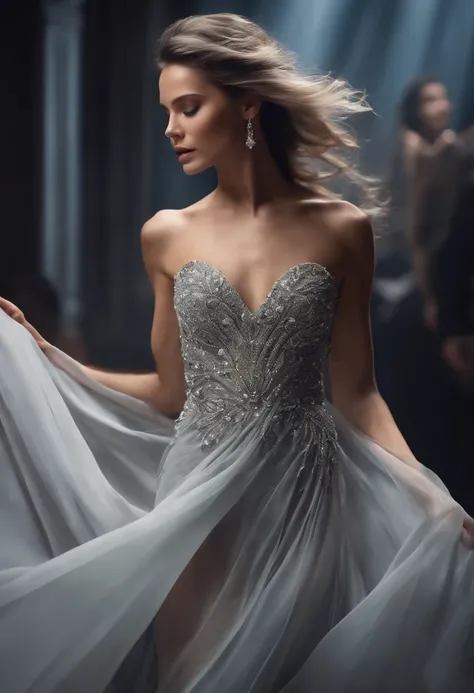 A captivating, divine being with cascading silver locks, elegantly draped in a flowing gown, gracefully gliding up in the air like magic, floating above an enraptured audience, showcasing her modeling expertise on a grand catwalk,medium full shot