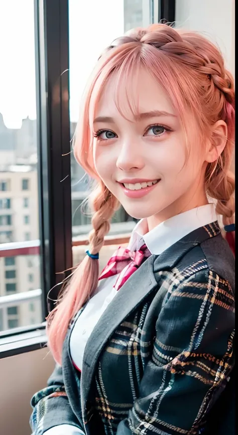 (ultra-detailliert), Tartan check jacket,high-school uniform、Blue eyes,The upper part of the body、a closeup、faces、(A smile:1.5),(facing front:1.2), 20yr old, teens girl,no tail,(no tail),2D, ​masterpiece, top-quality, animesque, A detailed eye, A detailed ...