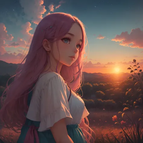 Illustration of a mystical girl, looking at sunset, romantic in a beautiful place, realista, alto  detalhes, Ultra resolution, 32k. --auto --s2