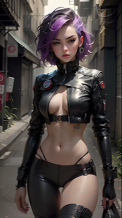 Beautiful woman, dyed hair, sexy leather clothes, long breasts, cyberpunk style, realistic detailed, close, portrait, exposing her small perky tits, walking in a dark alley