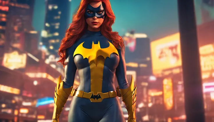 (Fondo de pantalla 8K extremely detallado), Una foto a mitad de plano de Batgirl, confiado, top sexy, Tapa corta:1.2, calma, Ropa futurista moderna, complejo, Highly detallado, and dramatic, cinematic lighting, Escena brillante, Cameltoe:1.2, Brecha entre ...