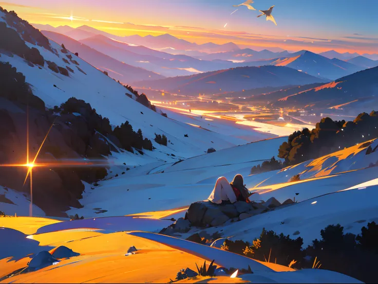 A flock of birds flies across the sky, creating a contrast with the white snow that covers the mountain peaks. The sun is setting behind the mountains, casting a warm glow over the scene. a lone woman who sits, looking at the horizon. The colors of the sky...